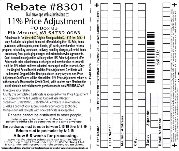 Menards Rebate Adjustment 8301