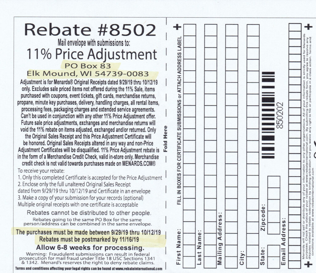 Menard 11 Percent Rebate Number