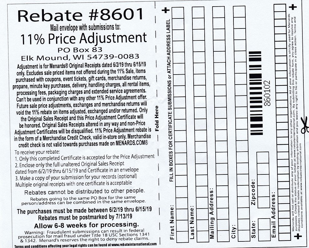 Menards Price Adjustment Rebate 8601