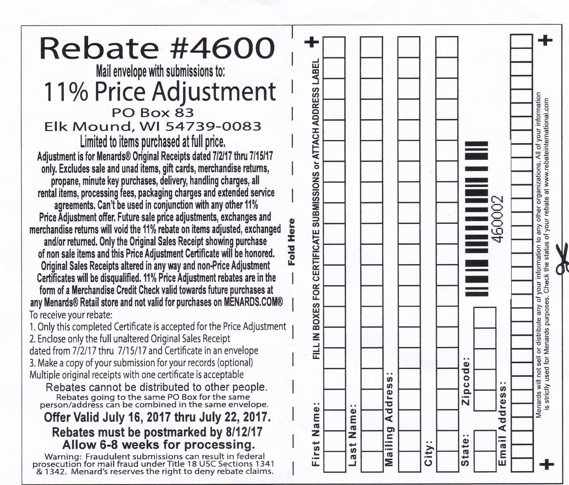 Menards 11 Rebate Adjustment