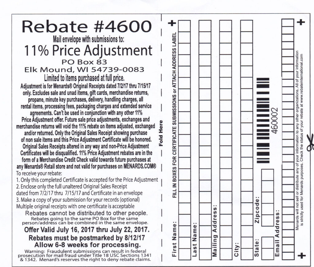 Menards 11 Off Rebate Sale