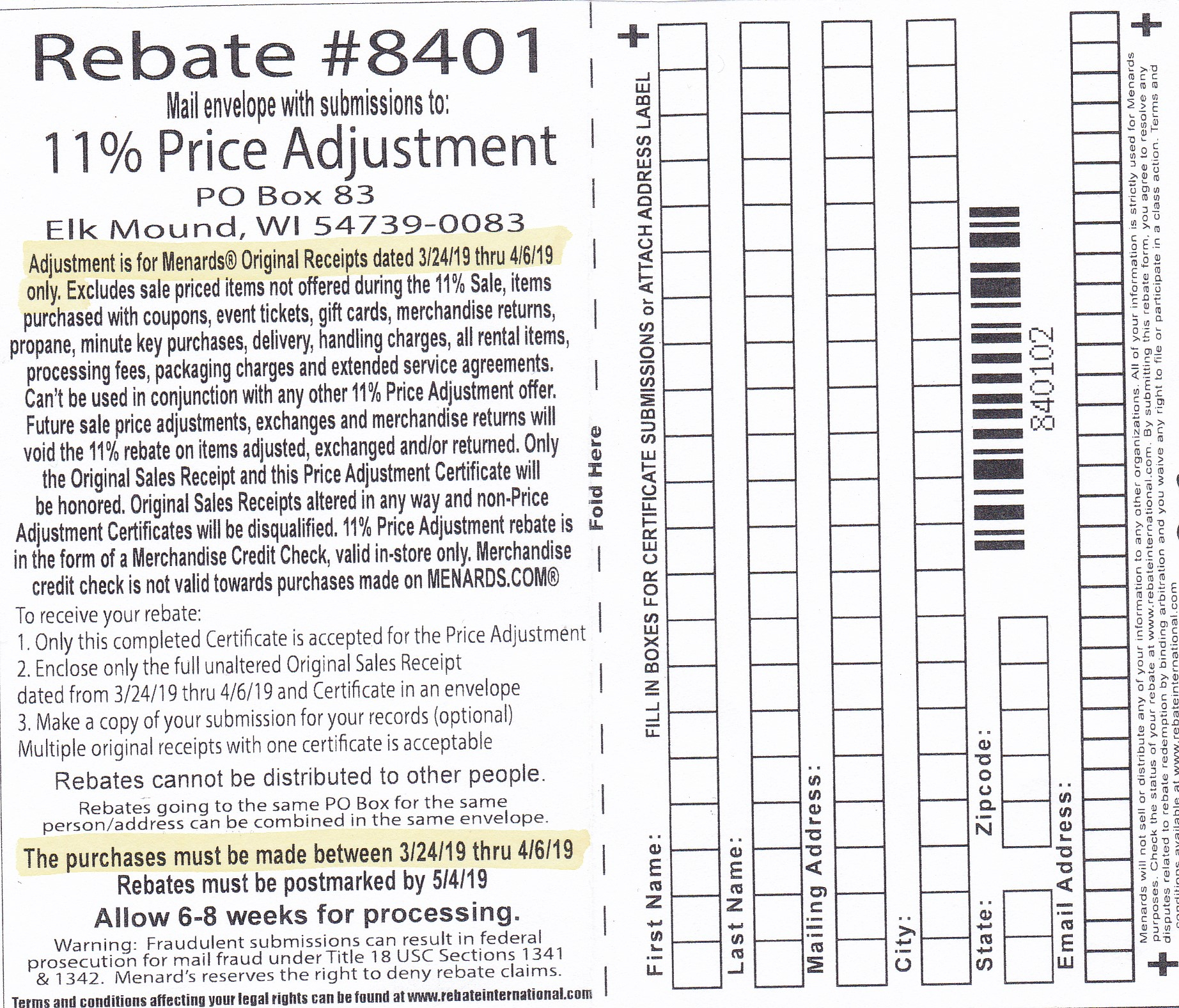 Menards Rebate 8401