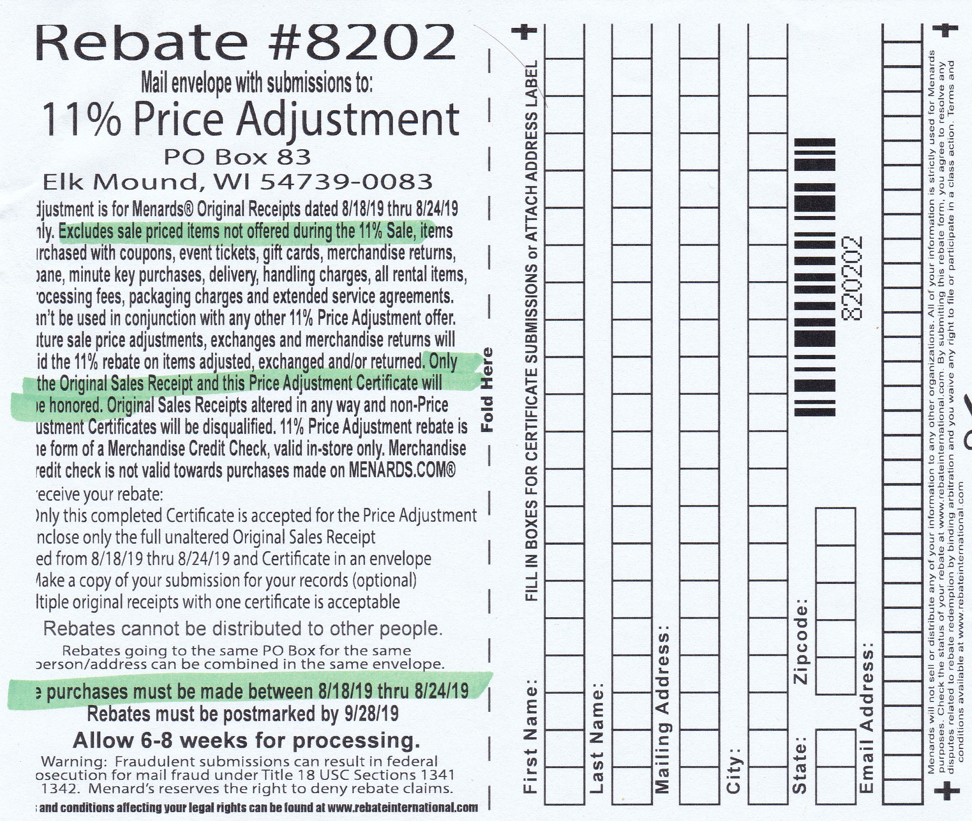 Menards Price Adjustment Rebate 8202