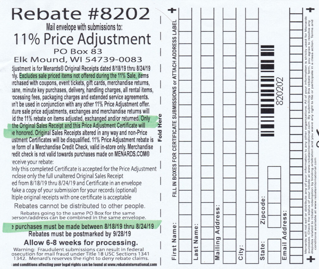 11 Menards Adjustment Rebate 2200